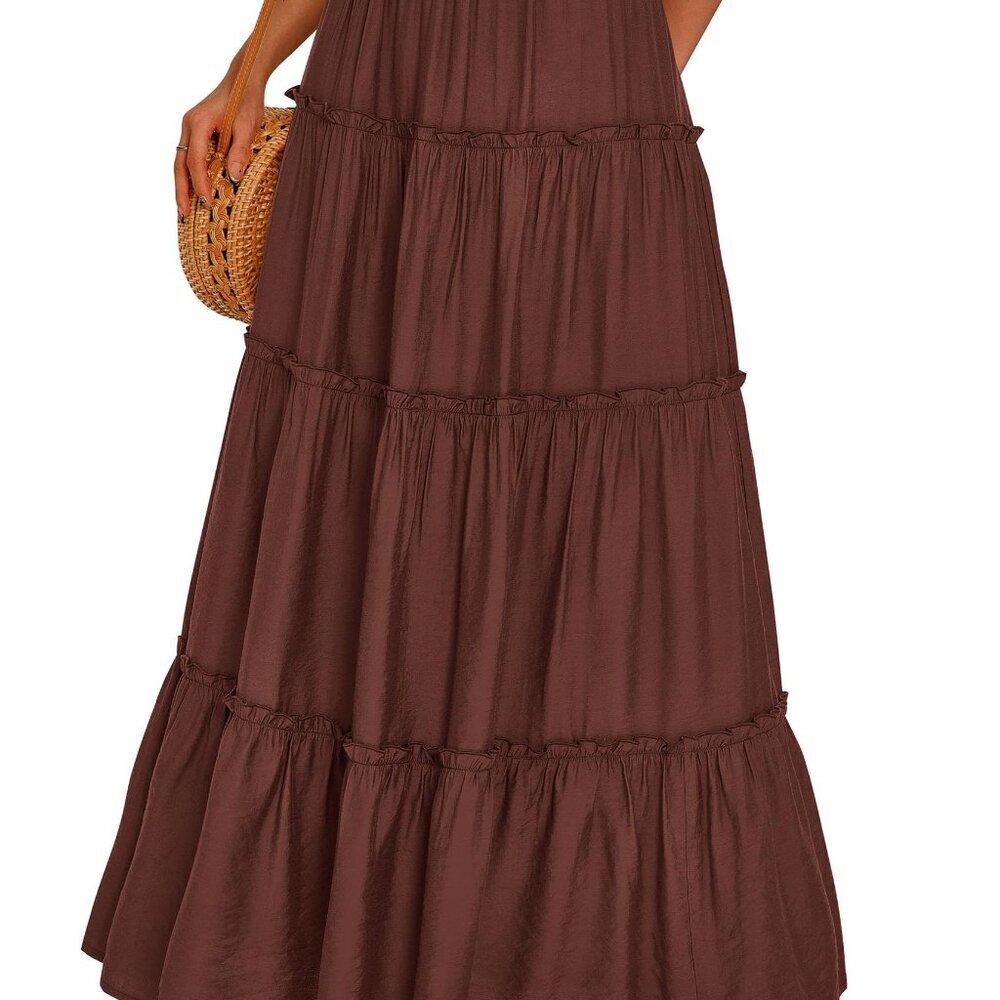 Tiered Maxi Skirt High Waisted Flowy Elastic Waist Pockets